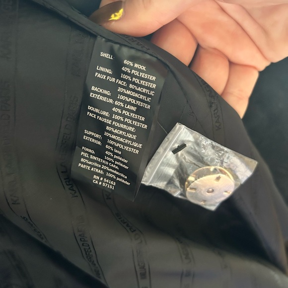 Karl Lagerfeld Black Wool Blend Trench Coat with Faux Fur Collar - Picture 4 of 4